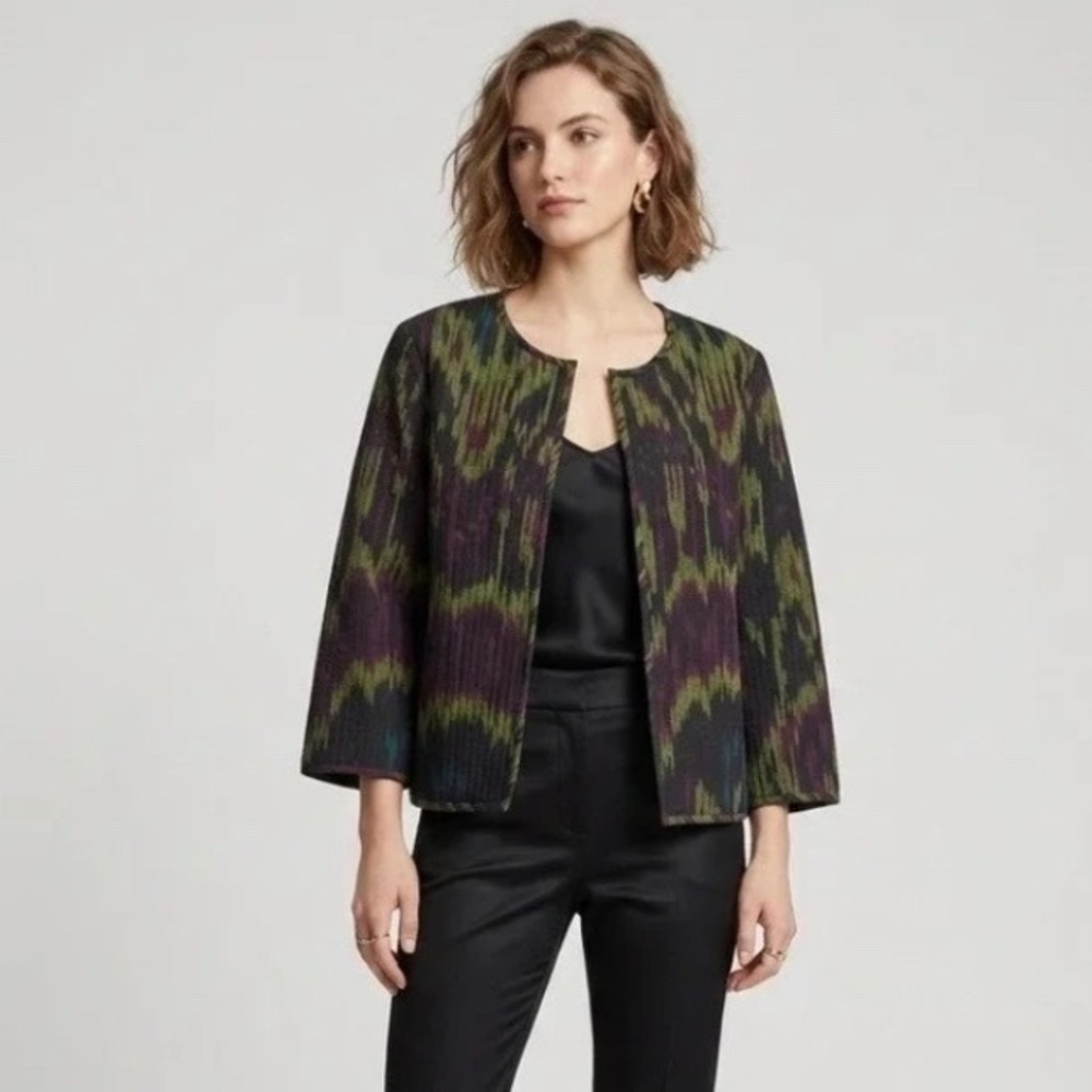 Lafayette 148 Artistic Ikat Quilted Jacket 12 Silk Lined Hook Green Purple Black